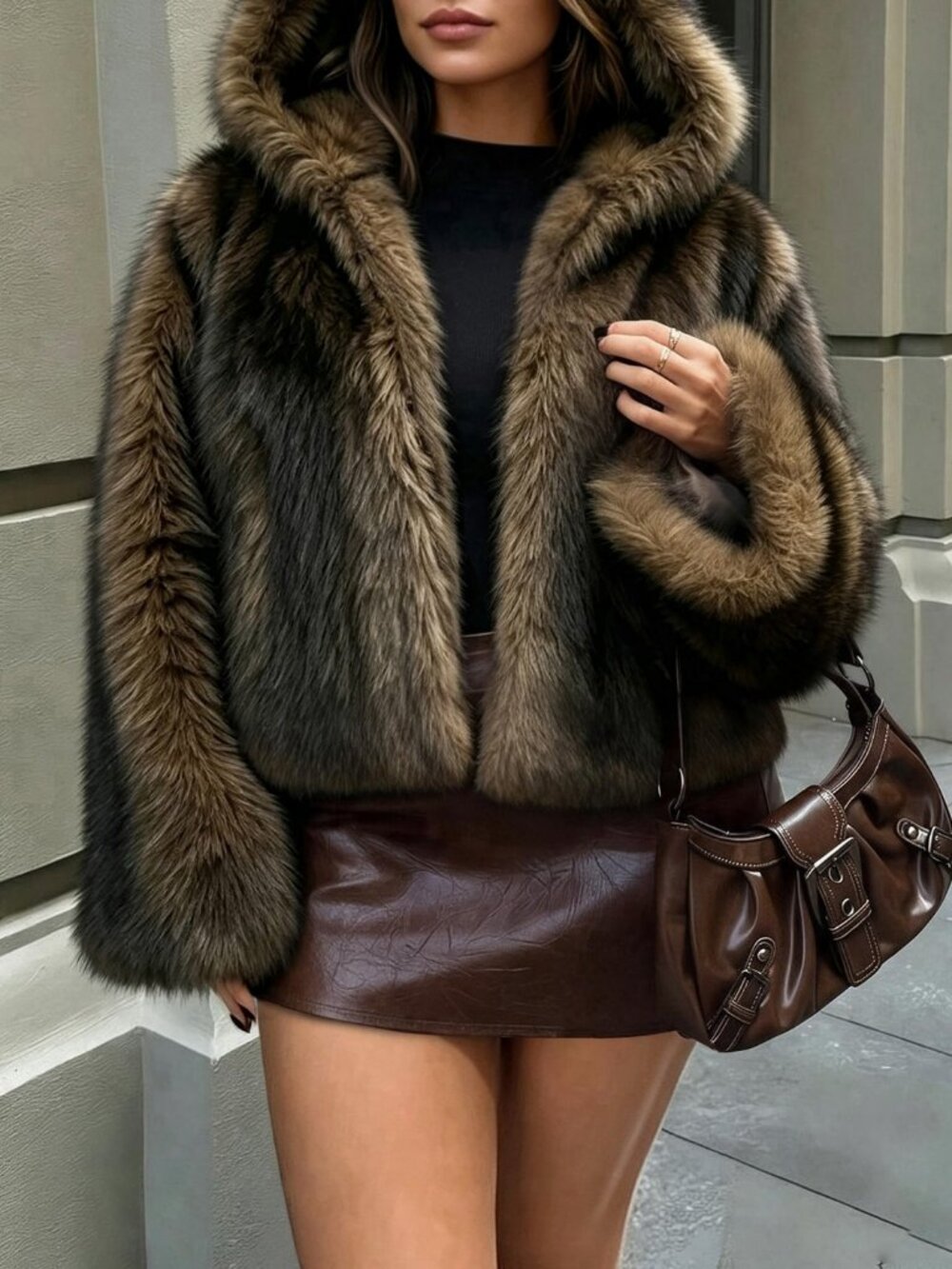 Brown Preppy Women's Hooded Faux Fur Loose Short Jacket